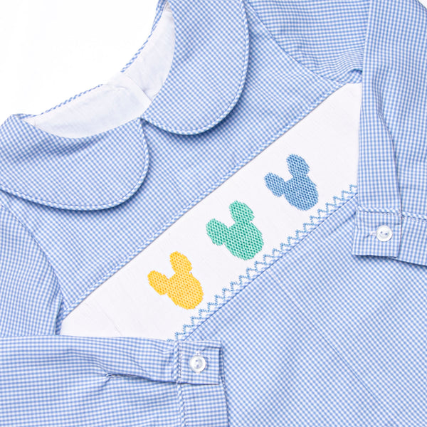 Multicolored Mouse Smocked Short Romper, Blue Gingham