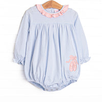 This bubble features a long sleeve blue striped fabric with a pink ruffle collar and ballerina slipper appliques