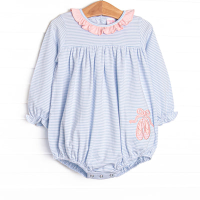 This bubble features a long sleeve blue striped fabric with a pink ruffle collar and ballerina slipper appliques