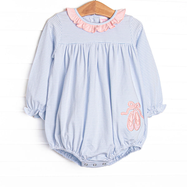 This bubble features a long sleeve blue striped fabric with a pink ruffle collar and ballerina slipper appliques