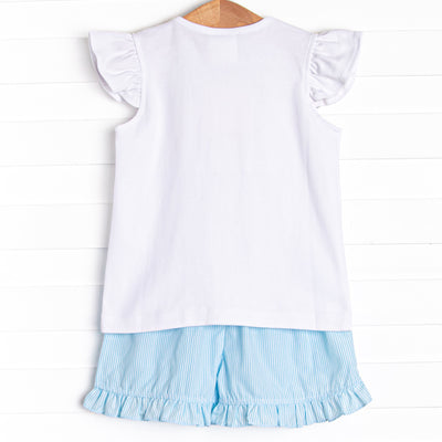 Marine Mammals Smocked Ruffle Short Set, Aqua