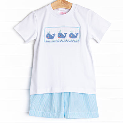 Marine Mammals Smocked Short Set, Aqua