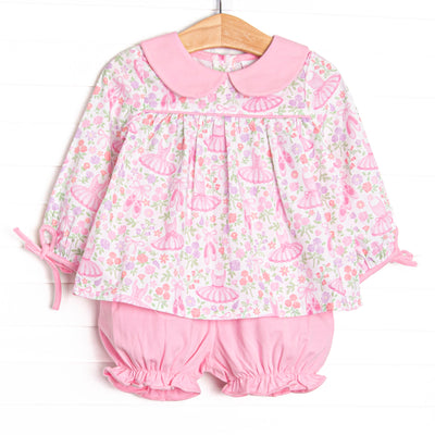 This set features pink ballerina printed fabric, a pink Peter Pan collar, and long sleeves. Coordinating pink bloomer shorts to match.