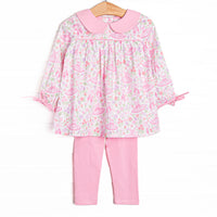  This set features pink ballerina printed fabric, a pink Peter Pan collar, and long sleeves. Coordinated pink leggings to match. 