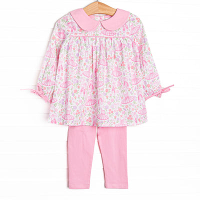  This set features pink ballerina printed fabric, a pink Peter Pan collar, and long sleeves. Coordinated pink leggings to match. 