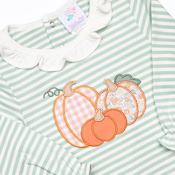 Patterned Pumpkins Applique Ruffle Romper, Green