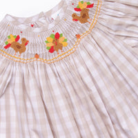Thanksgiving Tradition Smocked Romper, Tan