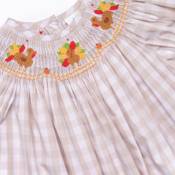 Thanksgiving Tradition Smocked Romper, Tan