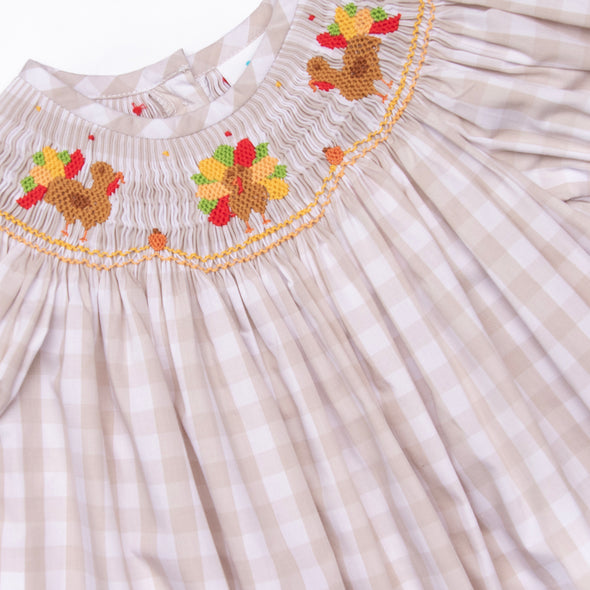 Thanksgiving Tradition Smocked Romper, Tan