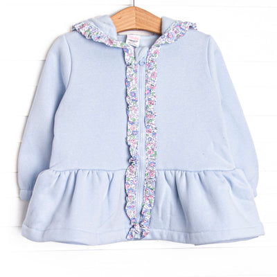  This jacket features the softest light blue fleece material, a cozy hoodie, and floral ruffle trim. 