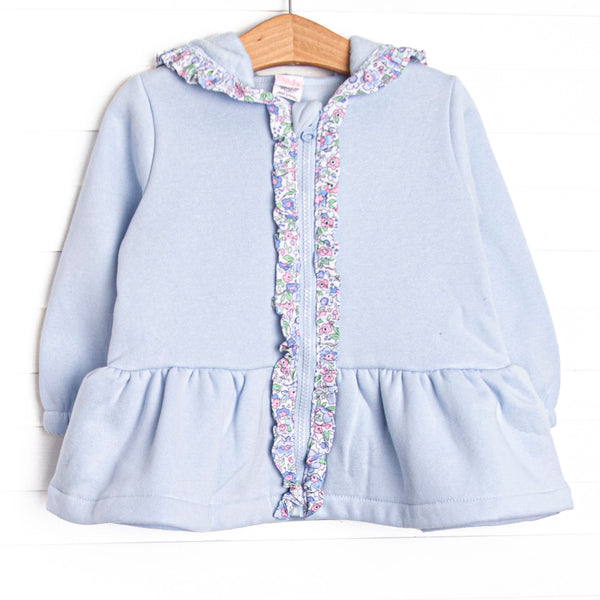  This jacket features the softest light blue fleece material, a cozy hoodie, and floral ruffle trim. 