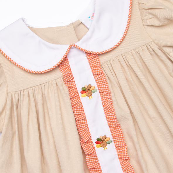 Turkey Trot Embroidered Dress, Tan