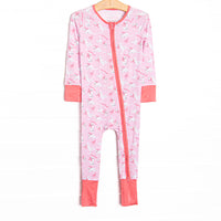  This zippy is made of the extremely soft, stretchy bamboo viscose fabric that feels like butter. With fold over cuffs at the feet so it can be worn as a romper or a zippy, a double zipper for easier diaper changes, and a pink kitten print
