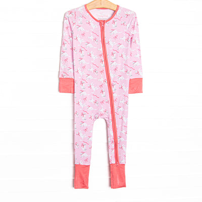  This zippy is made of the extremely soft, stretchy bamboo viscose fabric that feels like butter. With fold over cuffs at the feet so it can be worn as a romper or a zippy, a double zipper for easier diaper changes, and a pink kitten print