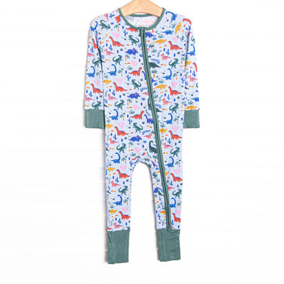This zippy is made of the extremely soft, stretchy bamboo viscose fabric that feels like butter.&nbsp;With fold over cuffs at the feet so it can be worn as a romper or a&nbsp;zippy, a&nbsp;double zipper for easier diaper changes,&nbsp;and a dino print