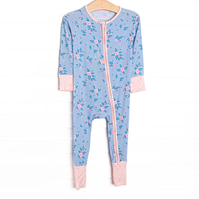 This zippy is made of the extremely soft, stretchy bamboo viscose fabric that feels like butter. With fold over cuffs at the feet so it can be worn as a romper or a zippy, a double zipper for easier diaper changes, and a floral print