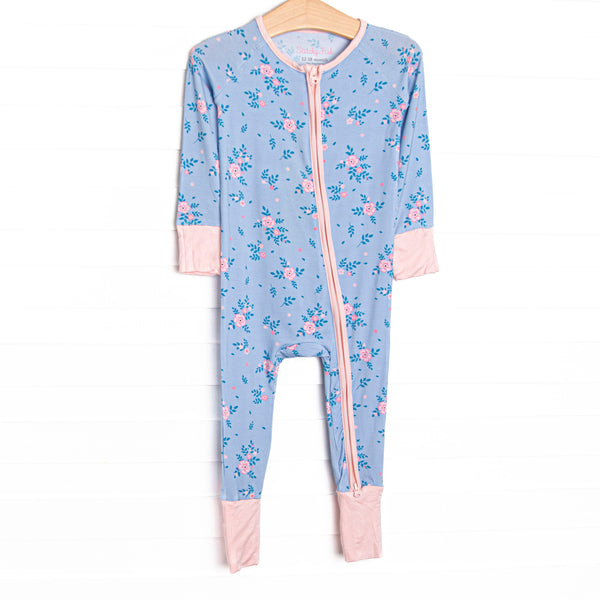 This zippy is made of the extremely soft, stretchy bamboo viscose fabric that feels like butter. With fold over cuffs at the feet so it can be worn as a romper or a zippy, a double zipper for easier diaper changes, and a floral print