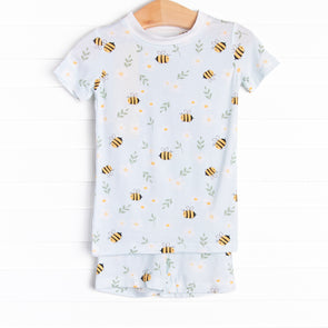 Bumble Bee Blues Bamboo Pajama Short Set, Blue