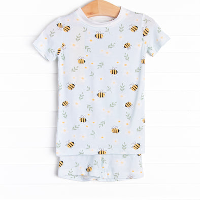 Bumble Bee Blues Bamboo Pajama Short Set, Blue