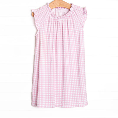 This gown is made of the extremely soft, stretchy bamboo viscose fabric that feels like butter and features a pink gingham print.