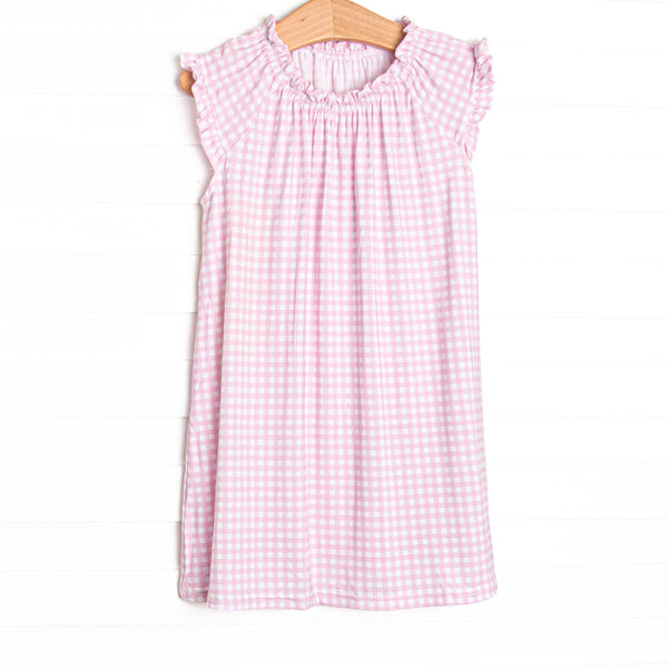 This gown is made of the extremely soft, stretchy bamboo viscose fabric that feels like butter and features a pink gingham print.