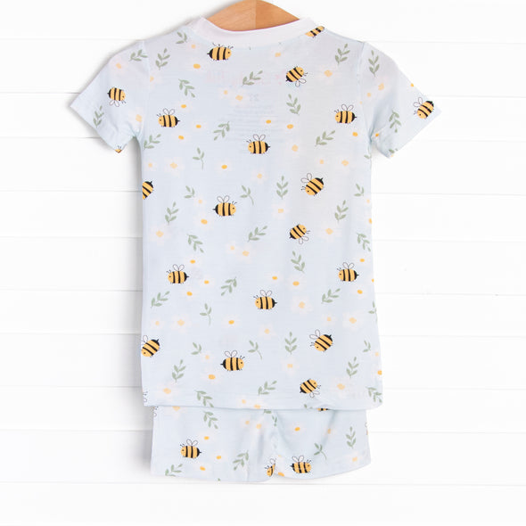 Bumble Bee Blues Bamboo Pajama Short Set, Blue