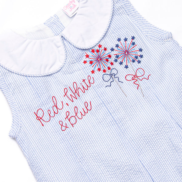 Light Up the Night Embroidered Bubble, Blue Seersucker