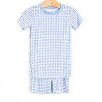 This set is made of the extremely soft, stretchy bamboo viscose fabric that feels like butter and features a blue gingham print. 