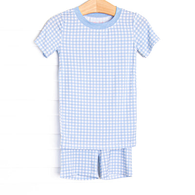 This set is made of the extremely soft, stretchy bamboo viscose fabric that feels like butter and features a blue gingham print. 