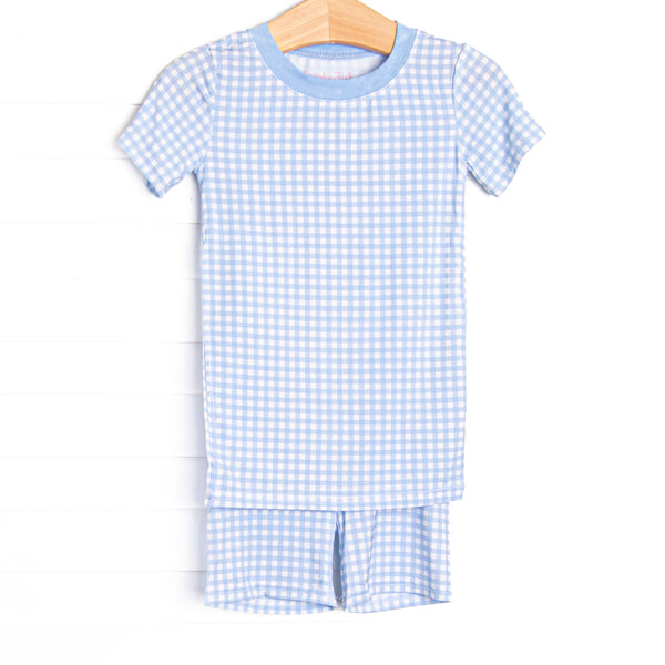 This set is made of the extremely soft, stretchy bamboo viscose fabric that feels like butter and features a blue gingham print. 