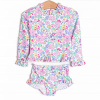 By the Bay Blooms Long Sleeve Rash Guard Bikini, Pink