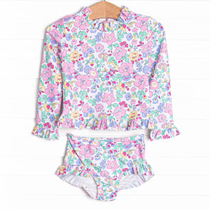 By the Bay Blooms Long Sleeve Rash Guard Bikini, Pink