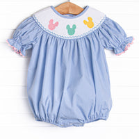 Multicolored Mouse Smocked Bubble, Blue Gingham