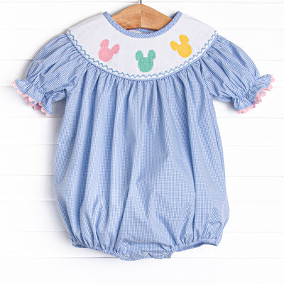 Multicolored Mouse Smocked Bubble, Blue Gingham