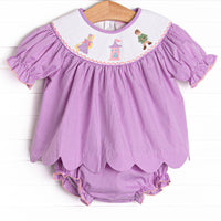 Tangled Tower Smocked Diaper Set, Purple