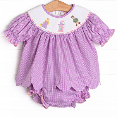 Tangled Tower Smocked Diaper Set, Purple