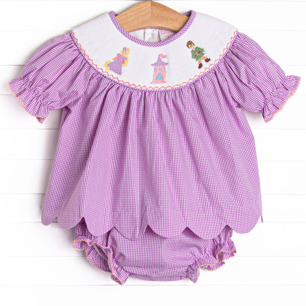 Tangled Tower Smocked Diaper Set, Purple