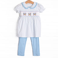Bye Bye Butterfly Smocked Collared Legging Set, Blue