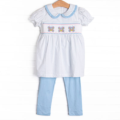 Bye Bye Butterfly Smocked Collared Legging Set, Blue