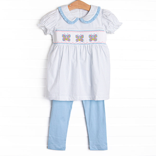 Bye Bye Butterfly Smocked Collared Legging Set, Blue