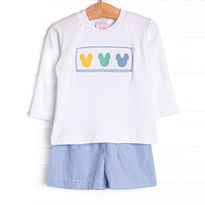 Multicolored Mouse Smocked Long Sleeve Short Set, Blue Gingham