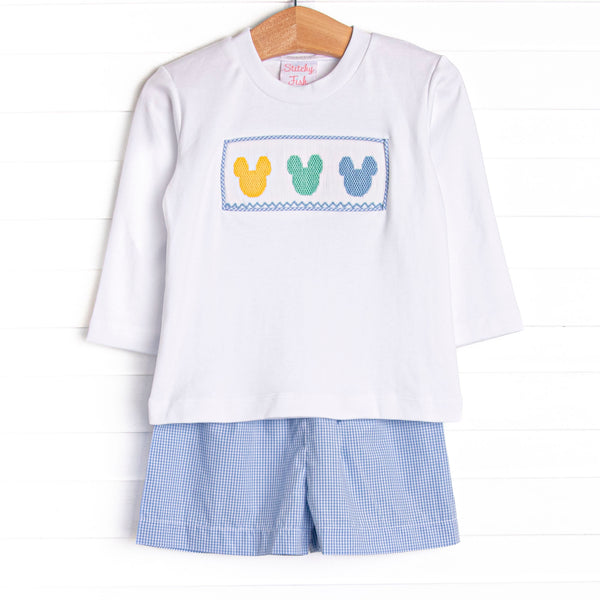 Multicolored Mouse Smocked Long Sleeve Short Set, Blue Gingham