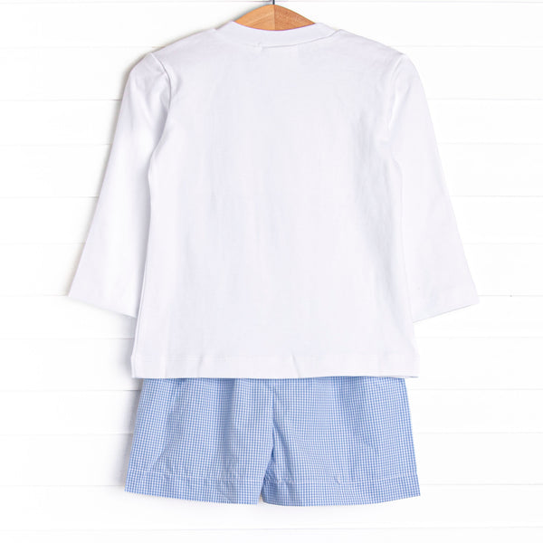 Multicolored Mouse Smocked Long Sleeve Short Set, Blue Gingham