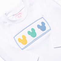 Multicolored Mouse Smocked Long Sleeve Short Set, Blue Gingham