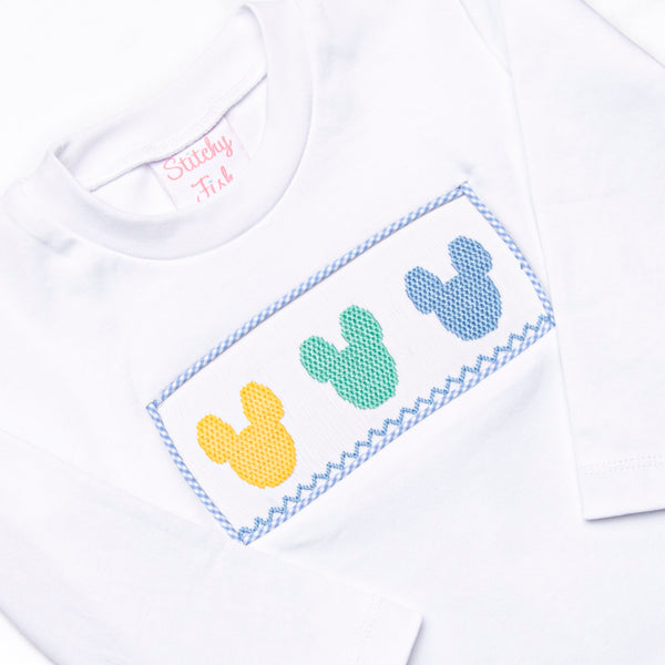 Multicolored Mouse Smocked Long Sleeve Short Set, Blue Gingham