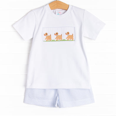 Walk and Wag Smocked Short Set, Blue