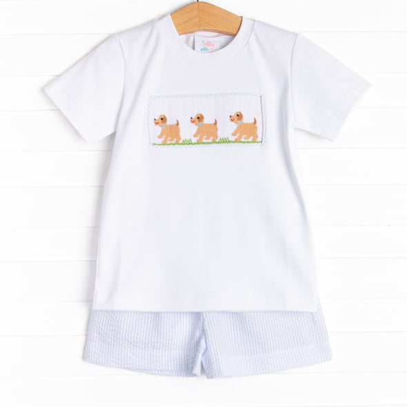 Walk and Wag Smocked Short Set, Blue