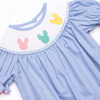 Multicolored Mouse Smocked Bubble, Blue Gingham