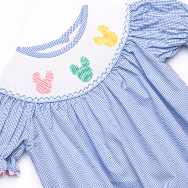 Multicolored Mouse Smocked Bubble, Blue Gingham