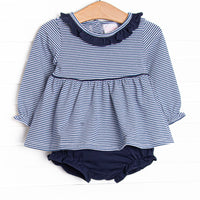 The set features ruffle collar, navy blue stripes, and soft knit material. Coordinating navy diaper cover to match.